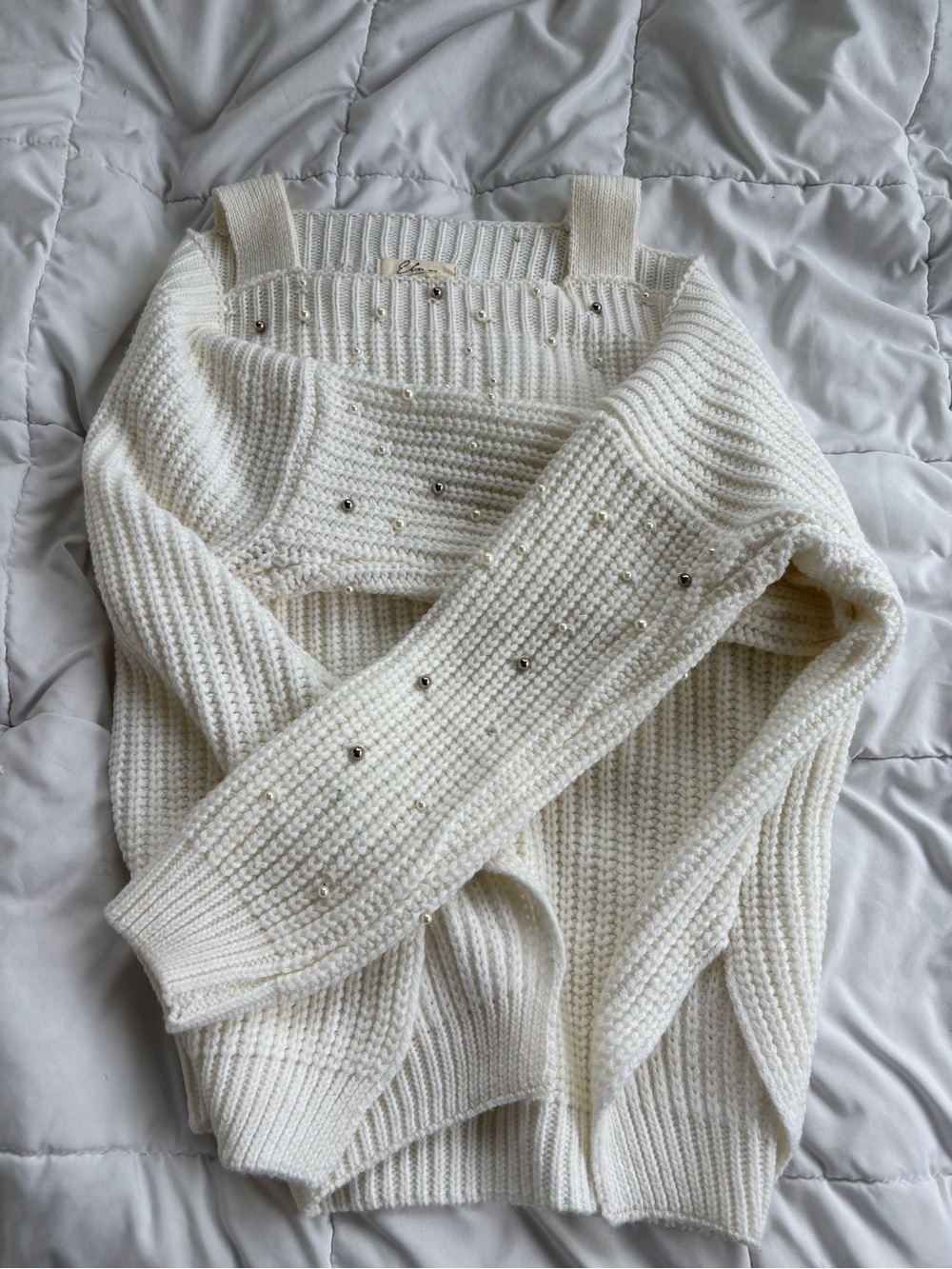 Elan Ivory Chunky Knit Cold Shoulder Pearl Bead Sweater